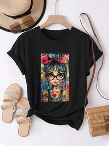 Women's Comfortable And Casual Short-Sleeved T-Shirt With A Round Neck, Featuring A Graphic Of A Girl Wearing Glasses And A Heart Pattern On The Chest. Round Neck, Regular Length, Suitable For All Seasons. Perfect For Everyday Wear, Ideal For Spring And Summer. - 黑色 - 查看 6