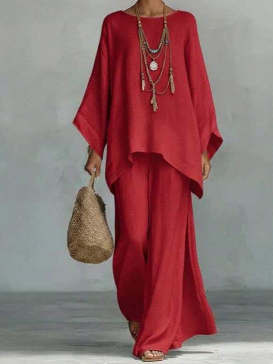 Nuevo 2026 Conjunto Camisa Holgada y Pantalón Pierna Ancha Mezcla de Lino Estilo Sencillo  Europea y Americana - Rojo - Ver 1