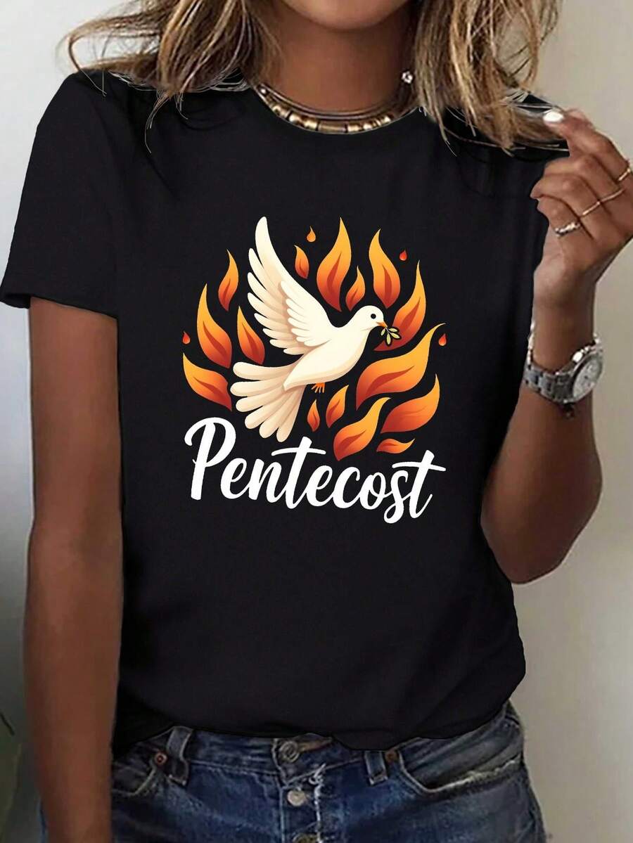 Camiseta de manga corta con estampado de la llama de la Paloma del Espíritu Santo para mujer, cuello redondo, estilo casual, color negro. - Negro - Ver 1