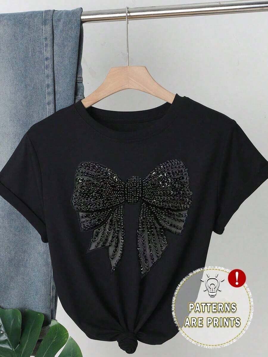New Summer Casual T-Shirt With Butterfly Print, Short Sleeve Casual Top With Round Neck, Unisex Cotton Loose Urban Vintage Style T-Shirt For Women, Spring-Summer. - 黑色 - 查看 1