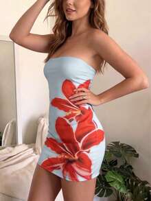 2026 New Floral Print Bandeau Bodycon Mini Dress For Women - Baby Blue - View 2