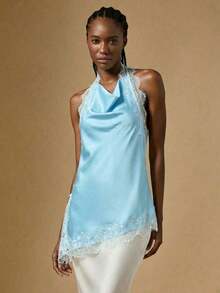 Blusa de satén y encaje con cuello drapeado y espalda descubierta, sexy para vacaciones en la playa, verano - Celeste - Ver 3