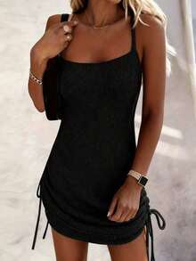 Vestido de punto casual y elegante sin mangas con lazo, de unicolor, para primavera/verano y fiestas - Negro - Ver 4