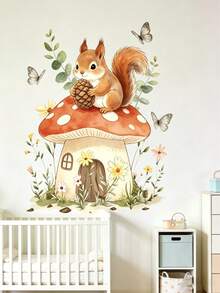 1张卡通狐狸、松鼠、蘑菇树屋墙贴，儿童房卧室装饰贴纸，幼儿园墙面装饰，自粘可移除贴纸，派对装饰背景，适合男孩房/婴儿房/游戏室/乔迁礼物 - 彩色 - 查看 7