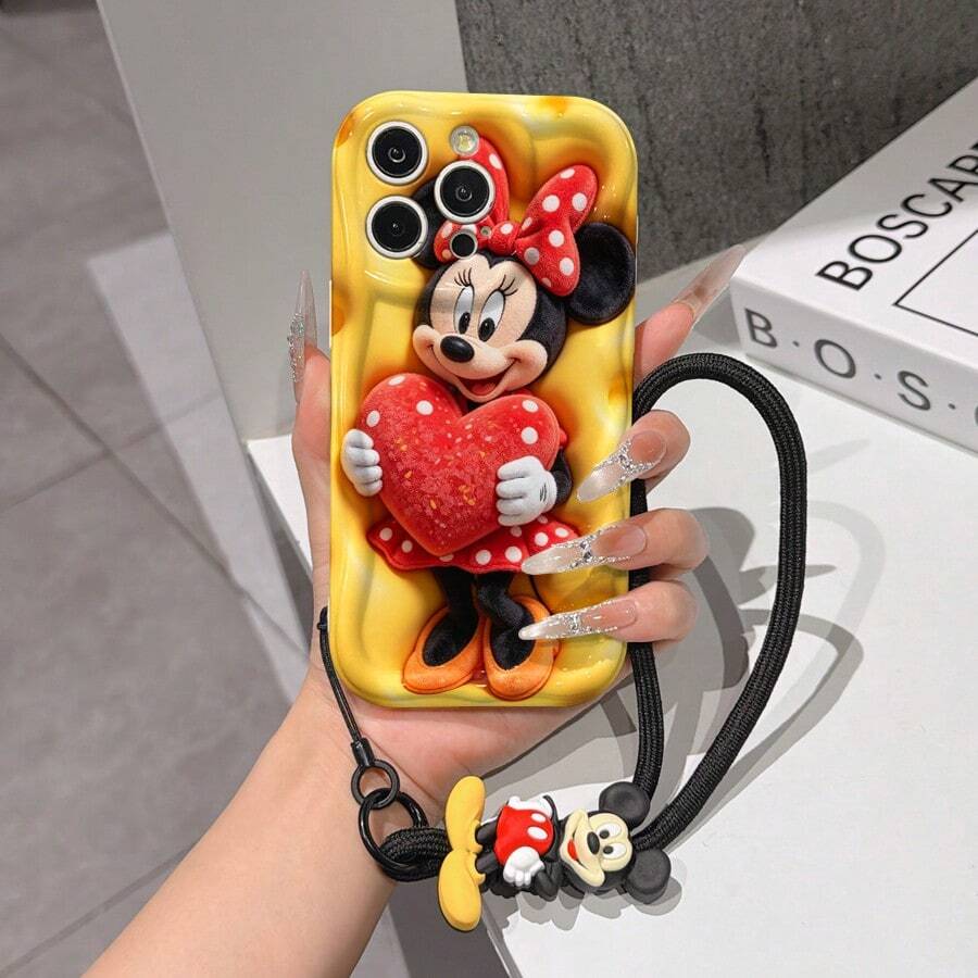 Disney Minnie Mouse Phone Case With Minnie Charm And Lanyard - Cute Minnie Protective Case With Plush 3D Design, Polka Dot Heart, And Yellow Cheese Background, Equipped With Delicate Mickey Decorative Lanyard And Beaded Bracelet For Easy Carrying, Compatible With IPhone 17, 16, 15, 14, 13, 12, 11 Pro Series, Ideal For Birthdays, Holidays, Anniversaries, Graduation Gifts, Or Any Special Occasion To Surprise Family, Friends, Classmates, And Loved Ones. - 白色 - 查看 1