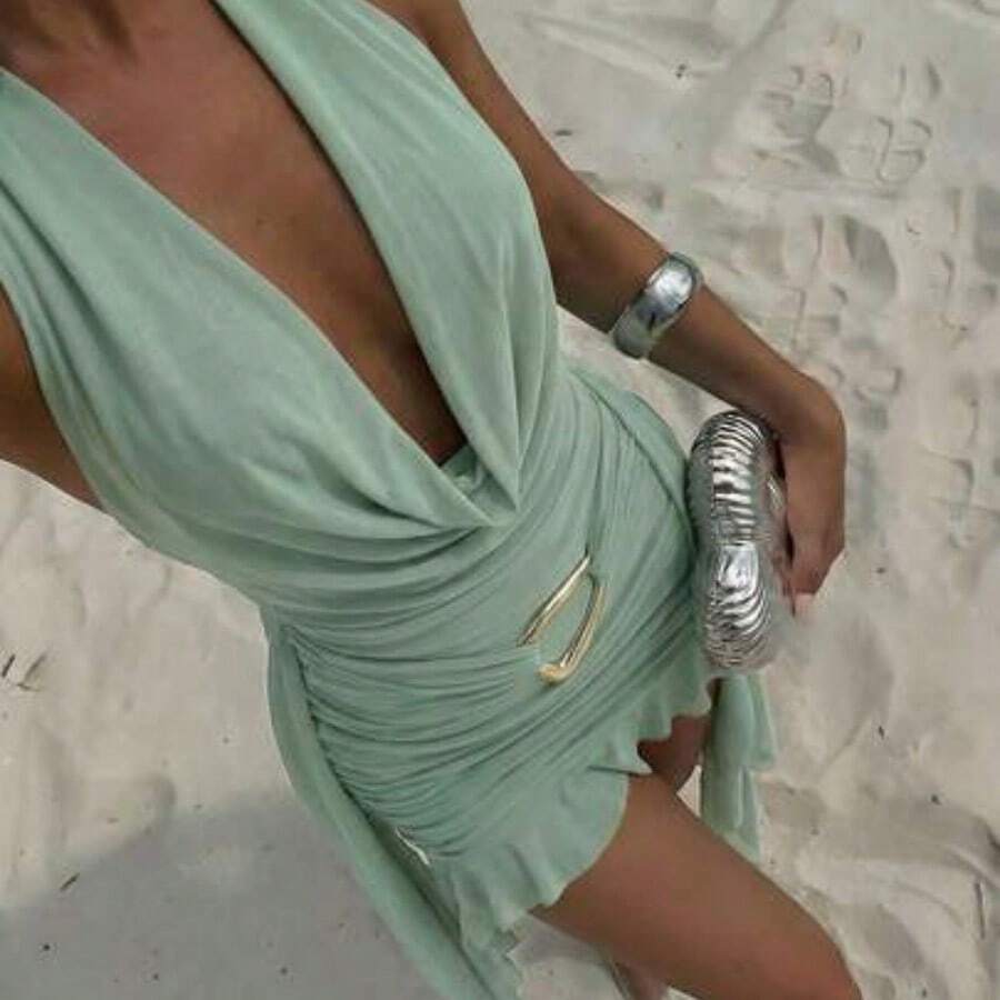 Spring/Summer New Sexy Party Music Festival Wedding Season Beach Vacation Wedding Season Green Mesh Deep Draped Neck Backless Fitted Asymmetrical Ruffle Hem Mini Dress, St. Patrick's Day Dress, Boho Music Festival Dress Green Clothes Women's Beach Outfits Bikini Cover Ups Dress Bathing Suit And Cover Up Beach Outfit For Women Dress Vacation Outfits Woman Dress, Women's Sexy Green Halter Sleeveless Mini Bodycon Dress With Asymmetrical Hem And Tie Back Detail - Verde agua - Ver 1