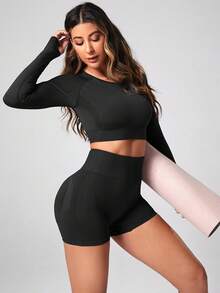 Women's Seamless High-Elastic Long-Sleeve Leggings Sports Basic Set, Versatile Outdoor Fitness Outfit - Black - View 5