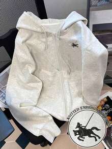 Sudadera con capucha para mujer, estampado casual y versátil de jinete de caballo para deportes al aire libre, otoño - Gris Claro - Ver 1