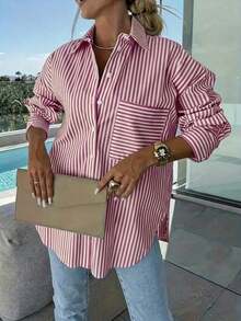 Camisa a rayas de manga larga para mujer talla grande, de corte holgado y casual para uso diario y en la primavera/verano, color rosa - Rosa Fucsia - Ver 3