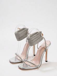 European And American Fashion Sexy Super High Heel Women's Sandals, Rhinestone Decor Snake-Shaped Rhinestone Sandals, Silver Super High Heel Square Toe Sandals For Party And Evening - Silver - View 7