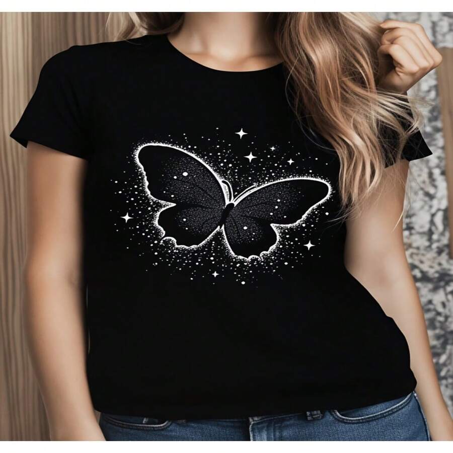 Women's Sexy Casual Black Cotton Short Sleeve Round Neck T-Shirt with Butterfly Graphic Print - Negro - Ver 1
