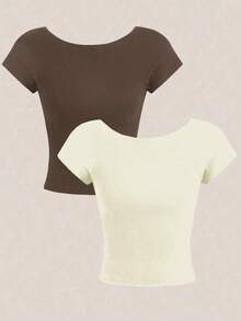 2 piezas Camiseta ajustada de mujer con cuello redondo, mangas cortas y espalda descubierta, estilo sexy y casual, adecuada para el verano - Multicolor 9 - Ver 2