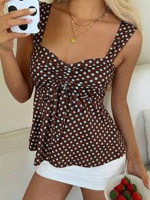 Nueva Colección Primavera/Verano 2026 para Mujer: Blusa/Top sin Mangas con Volantes y Cordón Ajustable, Estampado de Lunares Amarillo Buttercup y Marrón, Estilo Casual y Versátil, Top de Verano - Marrón Chocolate - Ver 4