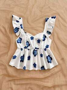 Blusa de corte de línea A con cuello cuadrado, manga corta y estampado retro azul y blanco, adecuada para fiestas, citas, el Día de San Valentín, el té de la tarde - Azul y blanco 4 - Ver 4
