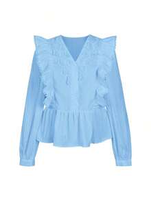ii Blusa de manga larga con volantes, parches de encaje y unicolor casual blanca para primavera - Azul - Ver 5