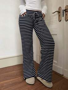 Pantalones deportivos de mujer de tiro bajo a rayas con cordón para la cintura, pantalones anchos de yoga/para el hogar, otoño/invierno - Azul y blanco - Ver 9