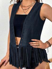 Chaleco/chaqueta de mujer talla grande con estilo boho y western, de unicolor con parches y flecos en el bajo, para usar en verano, otoño e invierno - Azul marino - Ver 5