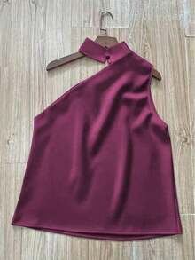 1 pieza Blusa elegante sin mangas de satén de unicolor con volantes asimétricos/asimétricos, adecuada para verano, vacaciones, oficina, hogar, uso diario, fiesta de cumpleaños, eventos formales y casuales - Morado - Ver 5