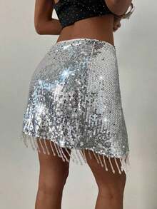 Falda de playa con flecos de lentejuelas elegante para mujeres, para festival de música Y2K, fiesta, Pascua, Día de San Patricio, carnaval, cita, concierto, concierto de country, falda verde con lentejuelas y brillo - Plateado - Ver 2