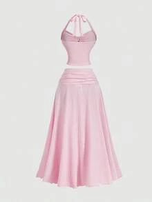 Set de 2 piezas de top halter y minifalda de jacquard para mujer, conjunto de falda y top blanco, ropa de otoño para mujer, atuendo para fiesta, boda, salida, conjunto elegante de mujer, conjunto chic de mujer, ropa de campo para mujer - Rosa Pálido - Ver 2