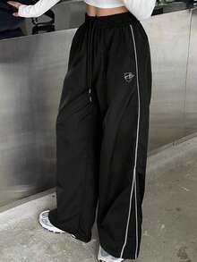Pantalones casuales de pierna ancha con cordón en contraste y ribeteamionto - Negro 2 - Ver 3