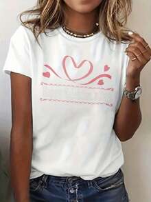 Camiseta Casual de Manga Corta con Cuello Redondo para Mujer, Estampados Creativos para el Día de San Valentín, Diseño Simple, Adecuada para Todas las Temporadas, Cómoda y Versátil, Estilo de Pareja, Camiseta Gráfica. - Blanco - Ver 7