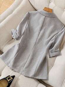 Chaqueta delgada de traje casual con bolsillo en la solapa y dobladillo de manga para mujer - Gris Claro - Ver 2