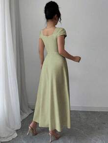 Vestido elegante de manga raglán y cuello cuadrado con detalle cruzado en el busto, de unicolor para mujeres - Verde - Ver 2