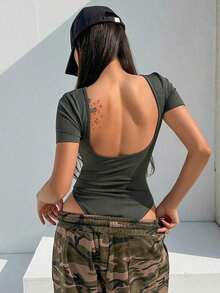 Mono de mujer de verano de manga corta, unicolor, con espalda descubierta y envolvente, camiseta informal tipo body Y2K para mujer - Verde militar - Ver 8