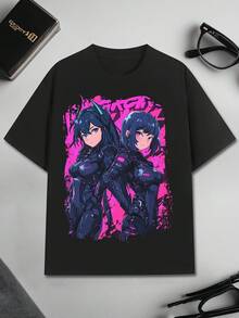 Camiseta gráfica de guerrero anime para hombre -% algodón, diseño vibrante en rosa neón y morado, cuello redondo, manga corta, corte relajado, lavable aáquina - Ropa urbana casual con estilo - Negro - Ver 1