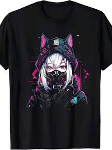 Women's Fashion Casual T-Shirt Plus Size 0-8XL, Unique And Vibrant Anime Style Design With Pink Cat Ears And Mask, Modern Base Layer For Everyday Outings - 黑色 - 查看 2