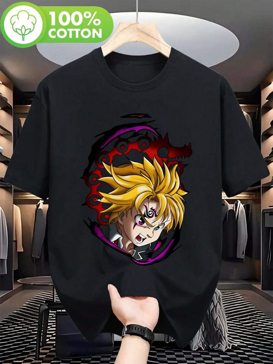Casual Design With Anime Print Collar, Men's Oversized Sports T-Shirt With Anime And Comic Print, Featuring Dragons And Characters - Breathable Short-Sleeved Crew Neck T-Shirt, Size. - 黑色 - 查看 1