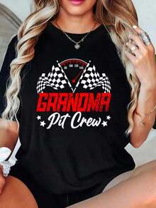 100% Cotton Grandma Pit Crew Birthday Party T-Shirts For Racing Lovers And Racing Families, For Women - 黑色 - 查看 1