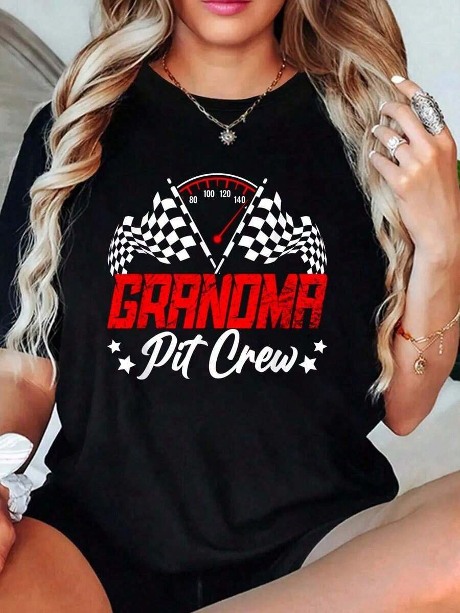 100% Cotton Grandma Pit Crew Birthday Party T-Shirts For Racing Lovers And Racing Families, For Women - 黑色 - 查看 1