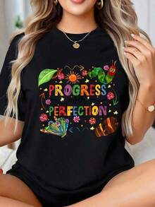 Casual Wear Teacher T-Shirt For The First Day Of School, Retro Teaching T-Shirt, Women's Casual Short Sleeve Crew Neck T-Shirt With Inspirational Educational Quotes Design, Everyday Outfit, Bohemian Blouses For Women>Shirt - 黑色 - 查看 7