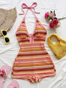 Nuevo mono mini con tirantes de punto multicolor a rayas, sin espalda, adecuado para otoño/invierno, Halloween, Año Nuevo, carnaval, fiesta, cita, té de la tarde, playa, como capa o prenda exterior - Multicolor 2 - Ver 6