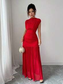 Nuevo vestido de moda de cuello alto sólido rojo sin mangas, con diseño sexy de malla calada y plisado en línea A, adecuado para fiesta de graduación, eventos festivos, citas - Rojo - Ver 7