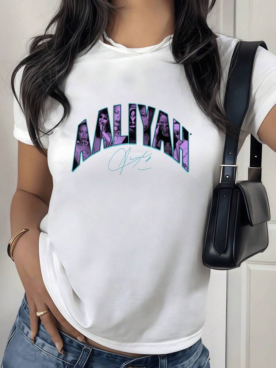 Artistic Typography With Feminine Names And Silhouettes In Shades Of Purple And Blue That Evoke Strength And Modern Elegance On A Dark Background. Comfortable, Casual Urban Women's T-Shirt For Everyday Wear. - 白色 - 查看 1
