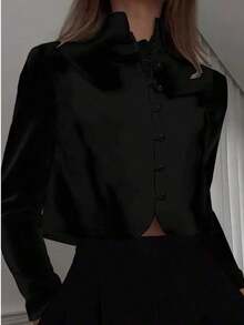 Blusa corta de manga larga con cuello mao y botones, elegante blusa delgada de unicolor, estilo chino moderno para mujer - Negro - Ver 2