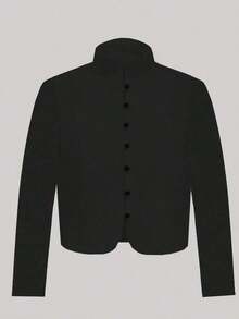 Blusa corta de manga larga con cuello mao y botones, elegante blusa delgada de unicolor, estilo chino moderno para mujer - Negro - Ver 4