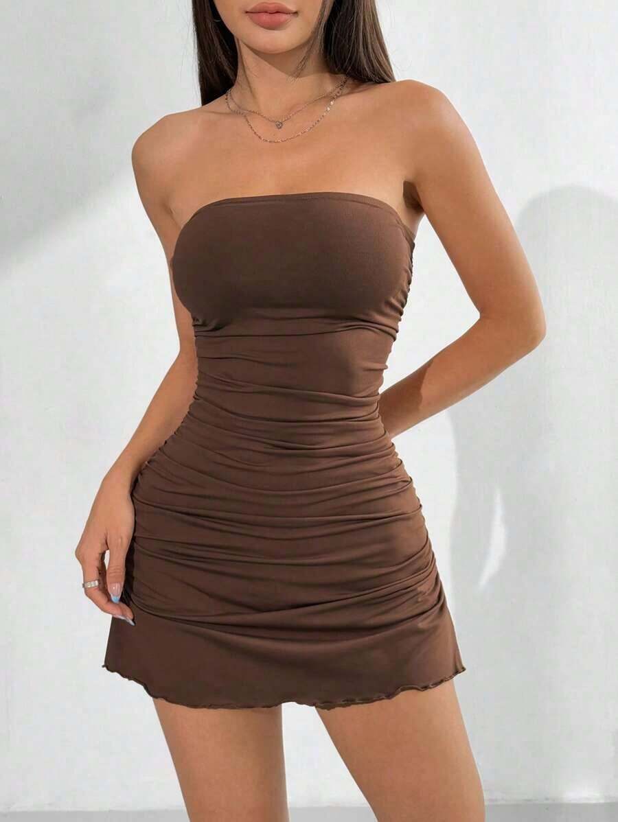 Vestido camiseta mini ajustado con drapeado en color liso, sexy, para el verano - Marrón - Ver 1