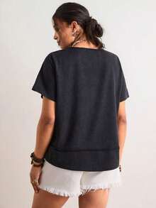 Camiseta casual de talla grande con bolsillo y rayas de contraste, prenda de vestir occidental estilo boho bohemio, top de festival de los 90, verano y primavera - Negro 2 - Ver 2
