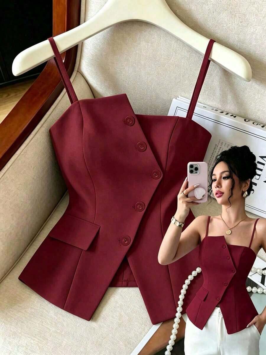 2025 Nuevo diseño asimétrico azul, versátil y de moda para uso casual y de oficina, con cintura ceñida y camiseta sin mangas - Burdeos - Ver 1