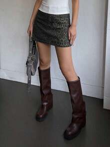 Falda vaquera casual con botones delanteros y bolsillos con estampado de leopardo - Marrón 3 - Ver 5