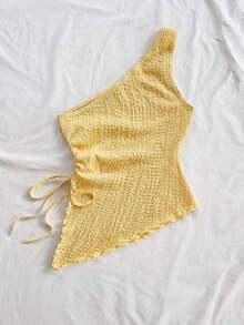 Camiseta de tirante único de punto jacquard texturizado de color beige para mujer, adecuada para fiesta, cita, Día de San Valentín, Pascua, carnaval, té de la tarde, playa, crucero, vacaciones en la ciudad - Amarillo - Ver 2