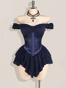 Vestido corto de gasa con volantes en el hombro, cintura fruncida y estampado jacquard para mujer, elegante para fiestas y uso casual - Azul marino - Ver 1