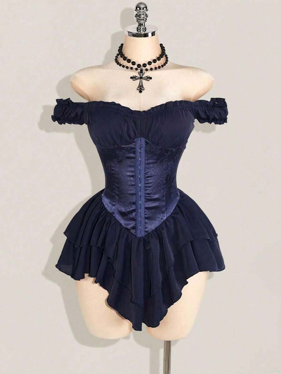 Vestido corto de gasa con volantes en el hombro, cintura fruncida y estampado jacquard para mujer, elegante para fiestas y uso casual - Azul marino - Ver 1