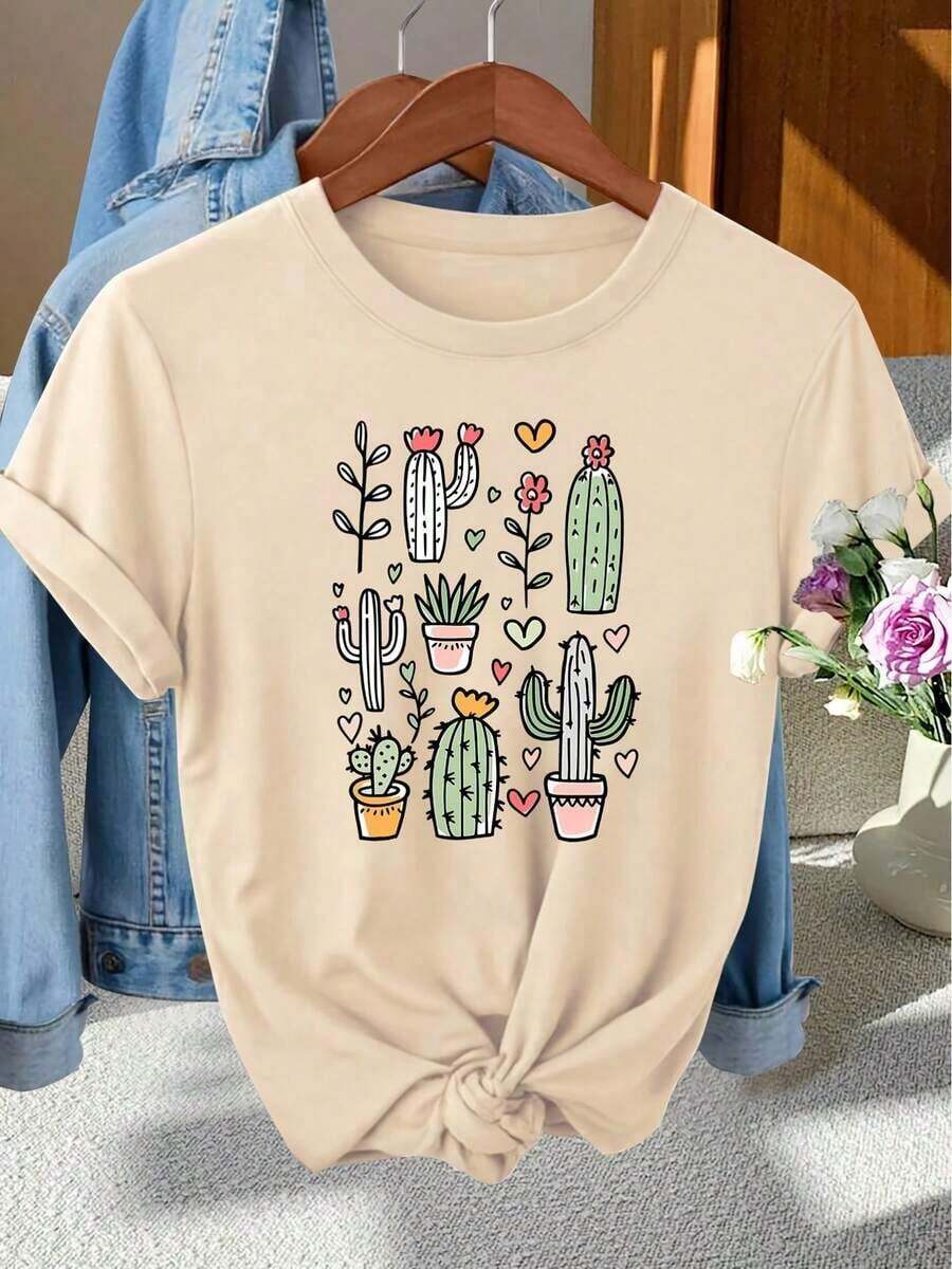 100% Cotton T-Shirt - Women's Vintage T-Shirt With Cactus And Heart Print - Short Sleeve Blouse With Round Neck And Hand-Painted Cactus Print - Ideal Top For Photoshoots, Commuting, Vacations And Everyday Wear - Summer Tops For Women - New Summer Outfits 2026 For Women - Vacation Outfits For Women - Women's Clothing Suitable For Spring, Summer And Autumn. - 杏色 - 查看 1