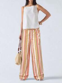 Pantalones largos de mujer  con diseño de rayas y cordones, estilo patchwork, tipo cargo. - Albaricoque - Ver 8