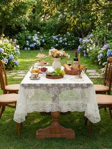 1pc French Countryside Style Floral Lace Trim Tablecloth, Holiday Decor - White - View 7